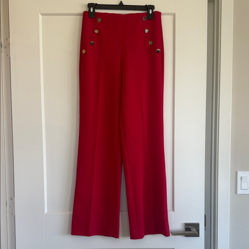 NWOT Express Vibrant Red Wide-Leg Pants with Gold Button Accents (size S)